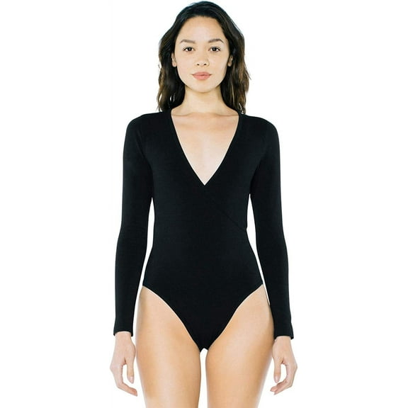 American Apparel Women's Cotton Spandex Long Sleeve Cross V Bodysuit, Black, Medium