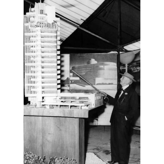 American Architect Frank Lloyd Wright Pointing To A Model Of The Price Tower In Oklahoma City History