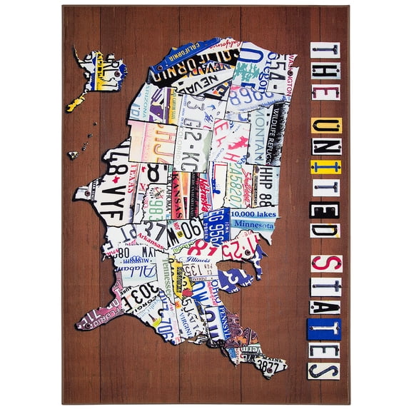 American Art Décor Multicolor United States License Plate Map Area Rug, 5' x 7'