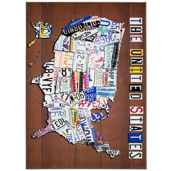 American Art Dcor Multicolor United States License Plate Map Area Rug, 5' x 7'