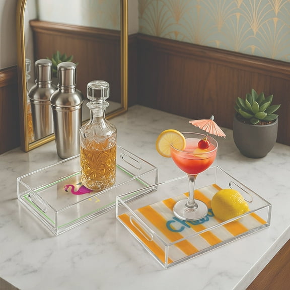 American Art Decor 2-pc Acrylic Rectangle Serving Trays with Handles - Cheers Striped Print & Pink Flamingo Design - Decorative Tray Set for Food, Drinks, Charcuterie, Party, Kitchen, Vanity, Storage