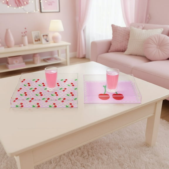 American Art Decor 2-pc Acrylic Rectangle Serving Trays with Handles - Red Cherry & Pink Checkered Pattern - Decorative Trays for Food, Drinks, Charcuterie, Bathroom, Vanity, Desk & Kitchen Storage