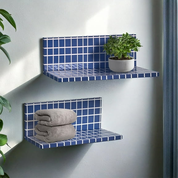 American Art Decor 2pc Stylish Retro Wavey Tile Floating Shelves for Wall & Storage - Blue