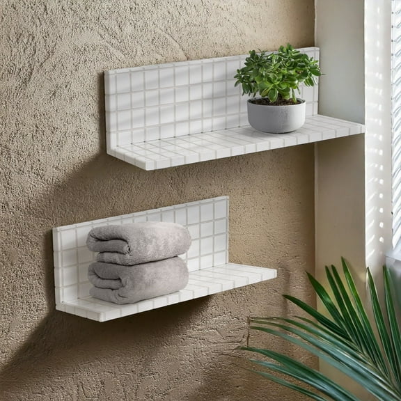 American Art Decor 2pc Stylish Retro Wavey Tile Floating Shelves for Wall & Storage - White