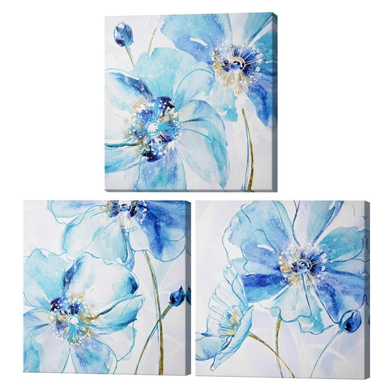 American Art Decor 3 Piece Teal & White Floral Canvas Wall Art Set - Blue Spring Poppy, 16"x16"