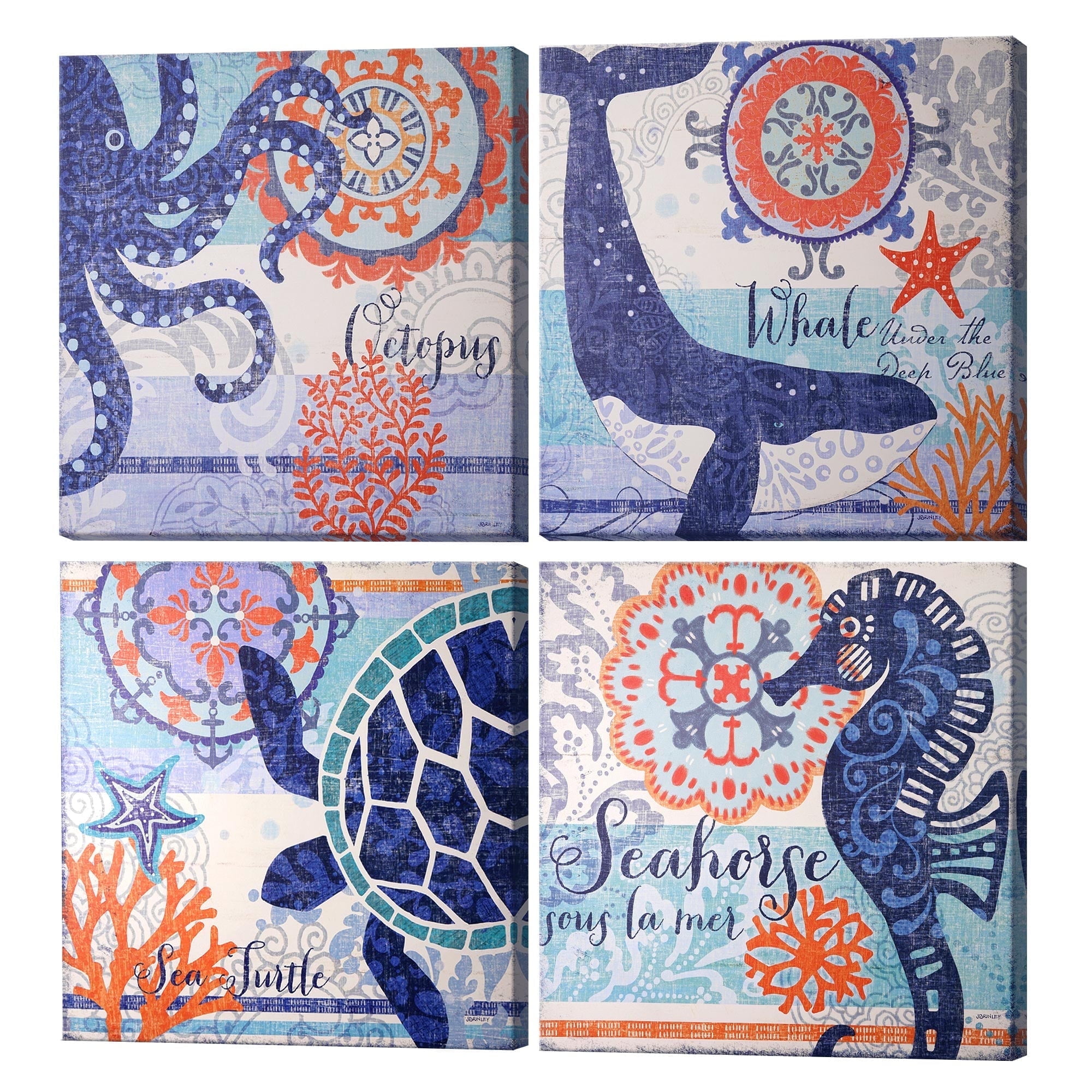 North Shore Blue and Orange Coastal Animal Canvas Wall Art Set
