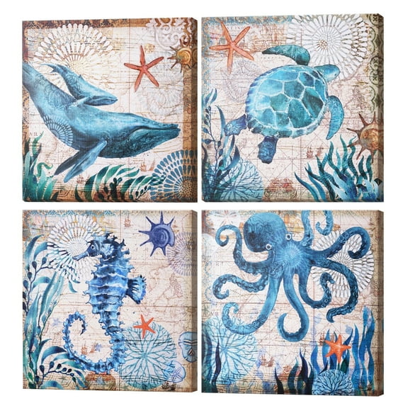 American Art Decor 4 Piece Teal & Green Beach Theme Canvas Wall Art Set - Home Decor Print for Living Room, Bedroom, Bathroom, & Guest Room (Monterey Bay, 16"x16")