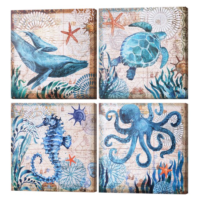 American Art Decor 4 Piece Teal & Green Beach Theme Canvas Wall Art Set