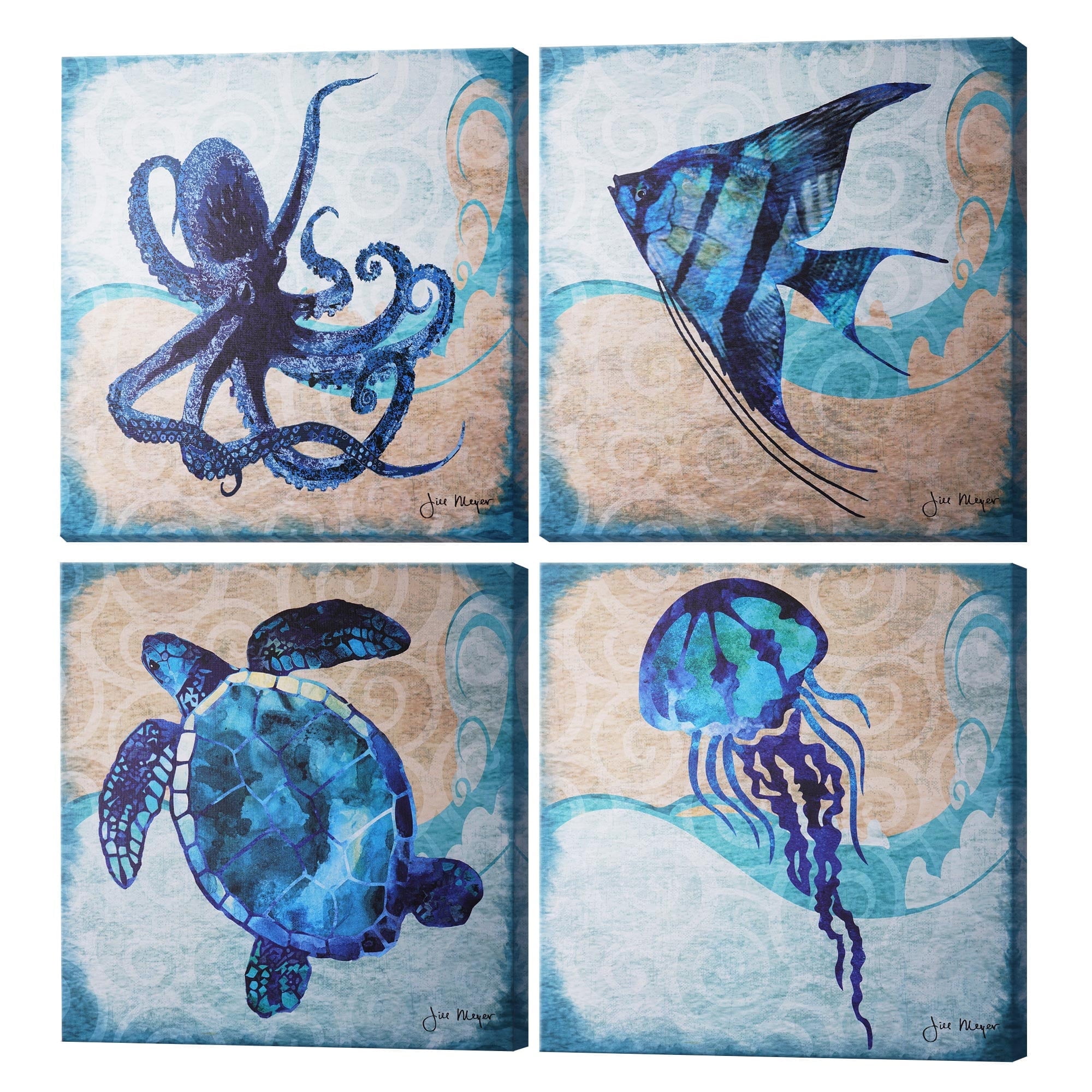 24" x 24" Blue and Beige Sea Creature Canvas Wall Art Set