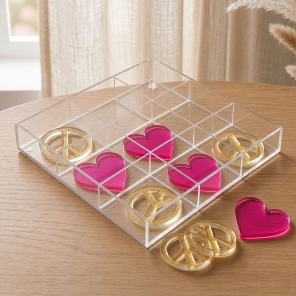 American Art Decor Acrylic Tic Tac Toe Board Game Set Peace & Heart Signs - Coffee Table Decor - Pink/Yellow, 10" x 10"