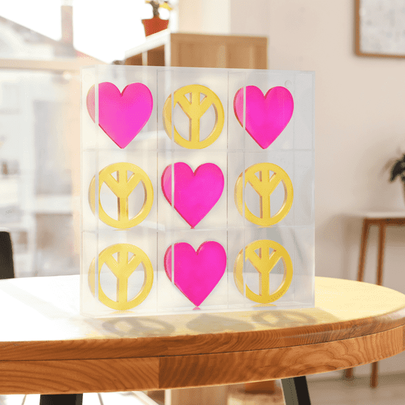 American Art Decor Acrylic Tic Tac Toe Board Game Set Peace & Heart Signs - Coffee Table Decor - Pink/Yellow, 10" x 10"