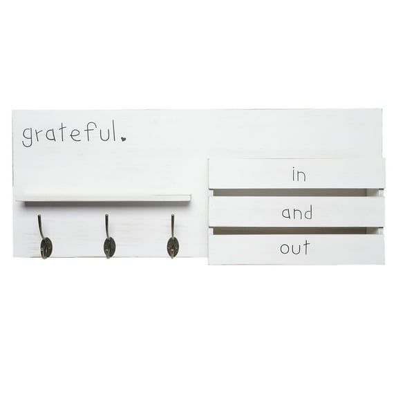 American Art Decor Addie Joy Grateful Decorative Key Holder & Mail Organizer with Wall Hanging Storage Basket, Shelf, and Hooks - Distressed White Wash