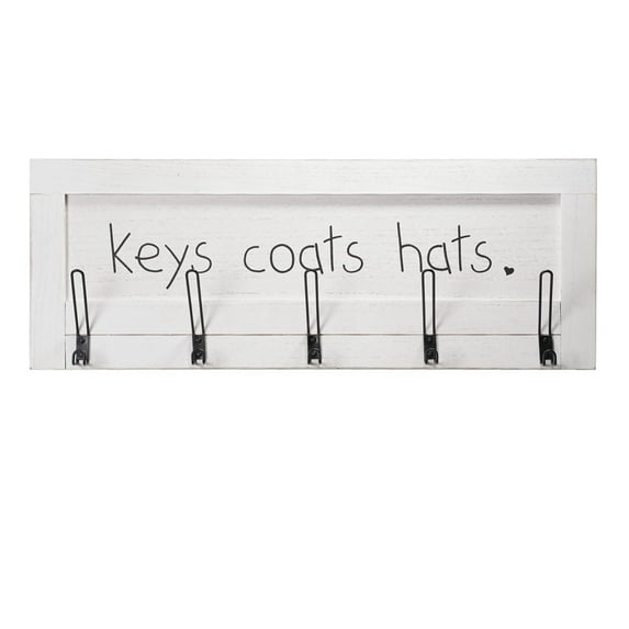 American Art Decor Addie Joy Keys Coats Hats Holder Wall Hanging Organizer Plaque with Hooks - White Wash
