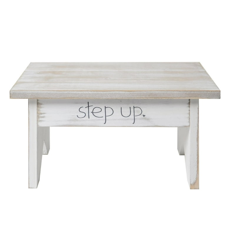 American Art Decor Addie Joy Step Up Decorative Wood Step Stool Foot Rest Grey White Wash