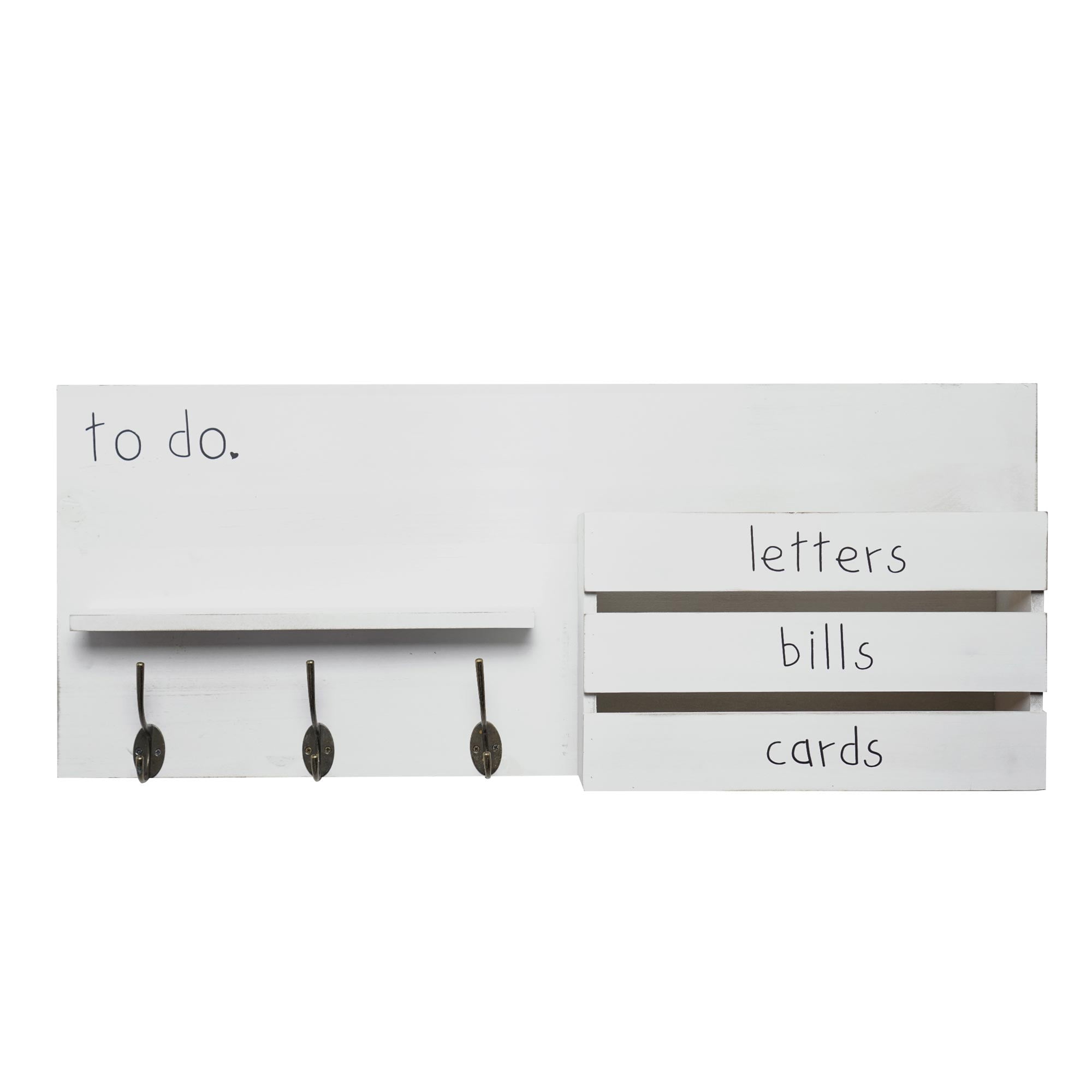Distressed White Solid Wood Wall Organizer with Hooks