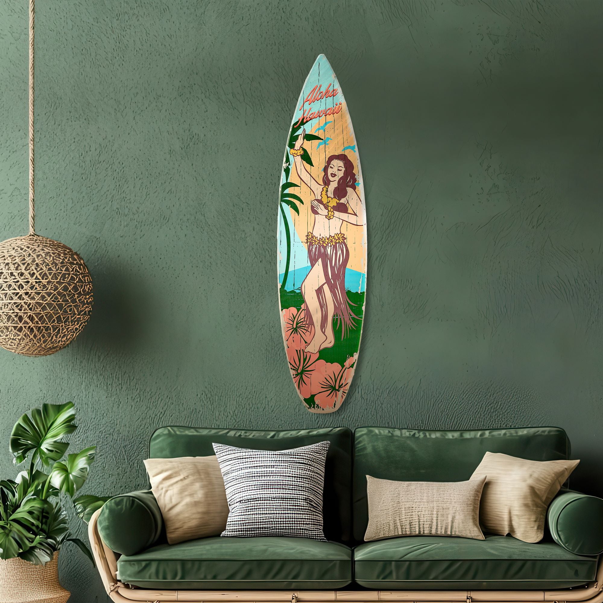 Aloha Hawaii Surfboard Plaque Wall Sign in Faux Wood