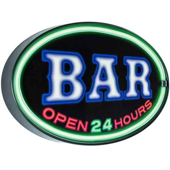 American Art Decor Bar Open 24 Hours Oval Shaped LED Light Up Sign Wall Decor for Man Cave Bar Garage