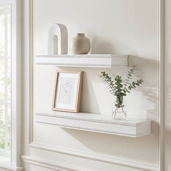 American Art Decor Beaded 2-Piece Floating Wall Shelf Set, White Shabby Chic Carved Picture Ledge Shelves with Lip, Decorative Wall Ledge for Nursery, Gallery, or Living Room Display