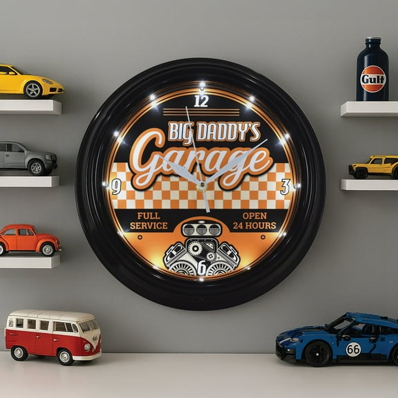 American Art Decor Big Daddy’s Garage LED Clock - 12" Vintage Wall Clock, Battery Operated, Retro Automotive Decor for Garage, Man Cave, Living Room & Office (Orange/White/Black)