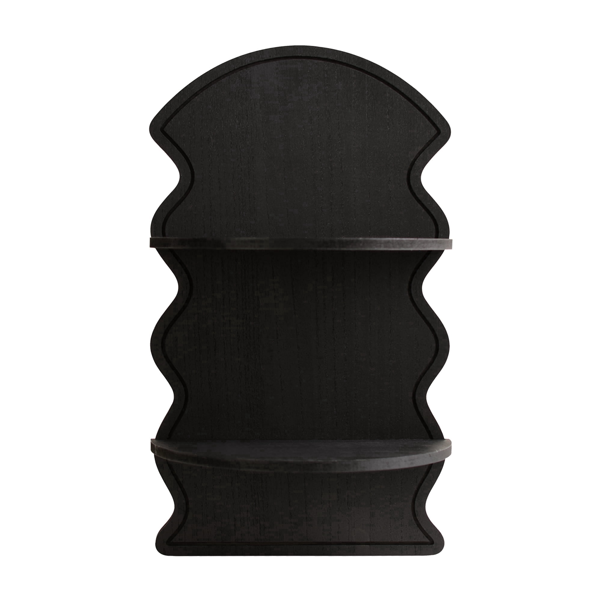 American Art Decor Black Wavy Arched Lunar Ledges Wall Shelf, Wooden 2-Tier Floating Bookshelf for Wall, Carved Fluted Arch Display Shelf for Bedroom Bathroom Kitchen Living Room Decor, 14" x 24"