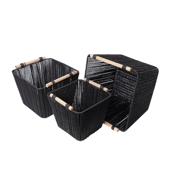 American Art Decor Boho Black and Natural Paper Rope Woven Storage Basket with Handles Set of 3, Tapered Decorative Organizer Bin for Laundry, Clothes, Blankets, Toys