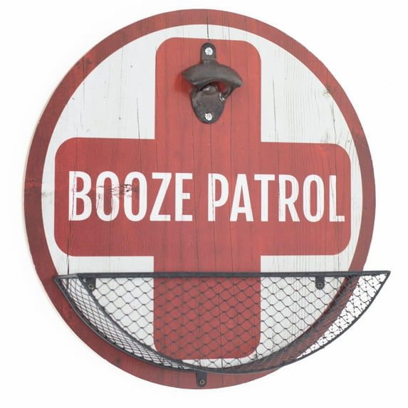 American Art Decor Bottle Cap Opener & Catcher Metal Wall Art Sign - Room Decor for Bar, Man Cave, Garage, Game Room & More (Booze Patrol, 14" x 14" x 3.75")