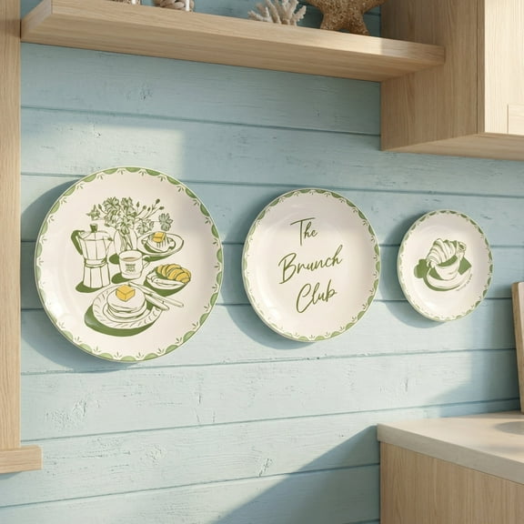 American Art Decor Brunch Wall Plate Set of 3 - Green & White Ceramic Wall Decor, "The Brunch Club" Plates, Unique Home Decor Wall Art for Kitchen, Dining Room, Living Room & Breakfast Cafe