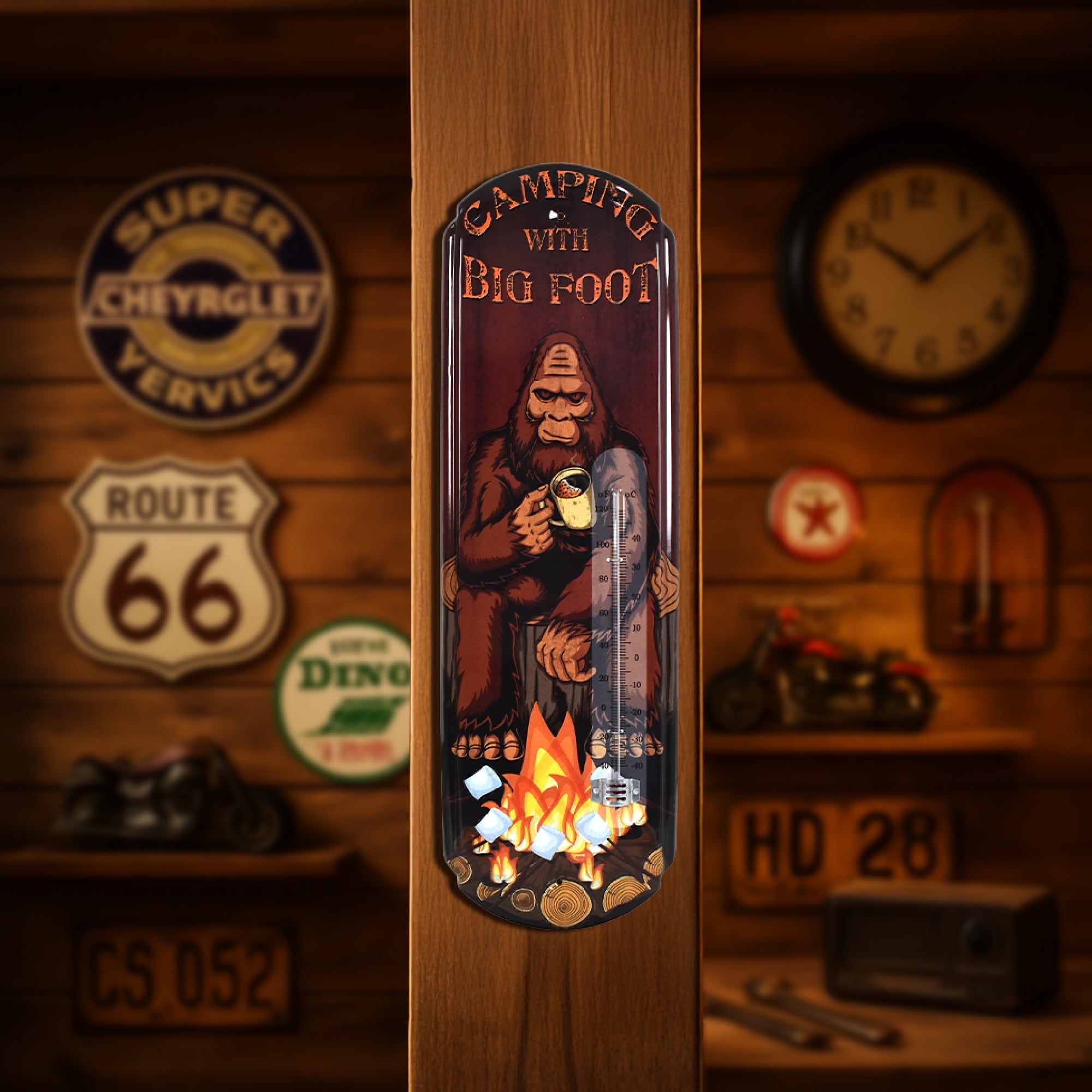 American Art Decor Camping with Bigfoot Vintage Thermometer Sign - Embossed Metal Indoor/Outdoor Wall Thermometer (Fahrenheit & Celsius) for Cabin, RV, or Man Cave