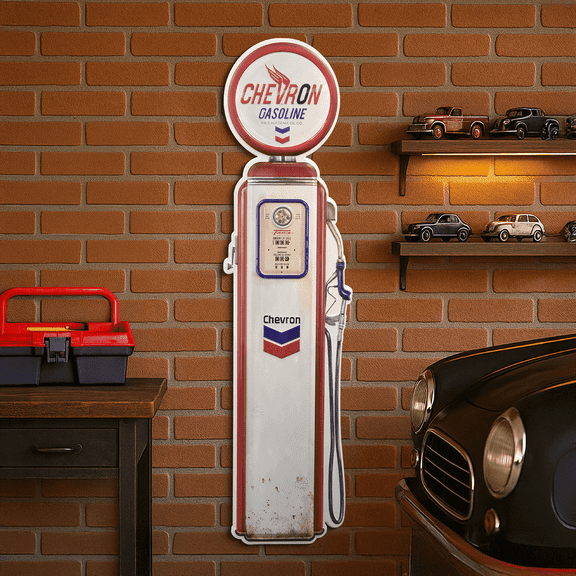 American Art Decor Chevron Oil Vintage Gas Pump Metal Sign - Retro Garage Wall Art, Classic Car Collectors Decor for Mancave, Bar, Workshop, Home Office, 41" H x 10.5" L