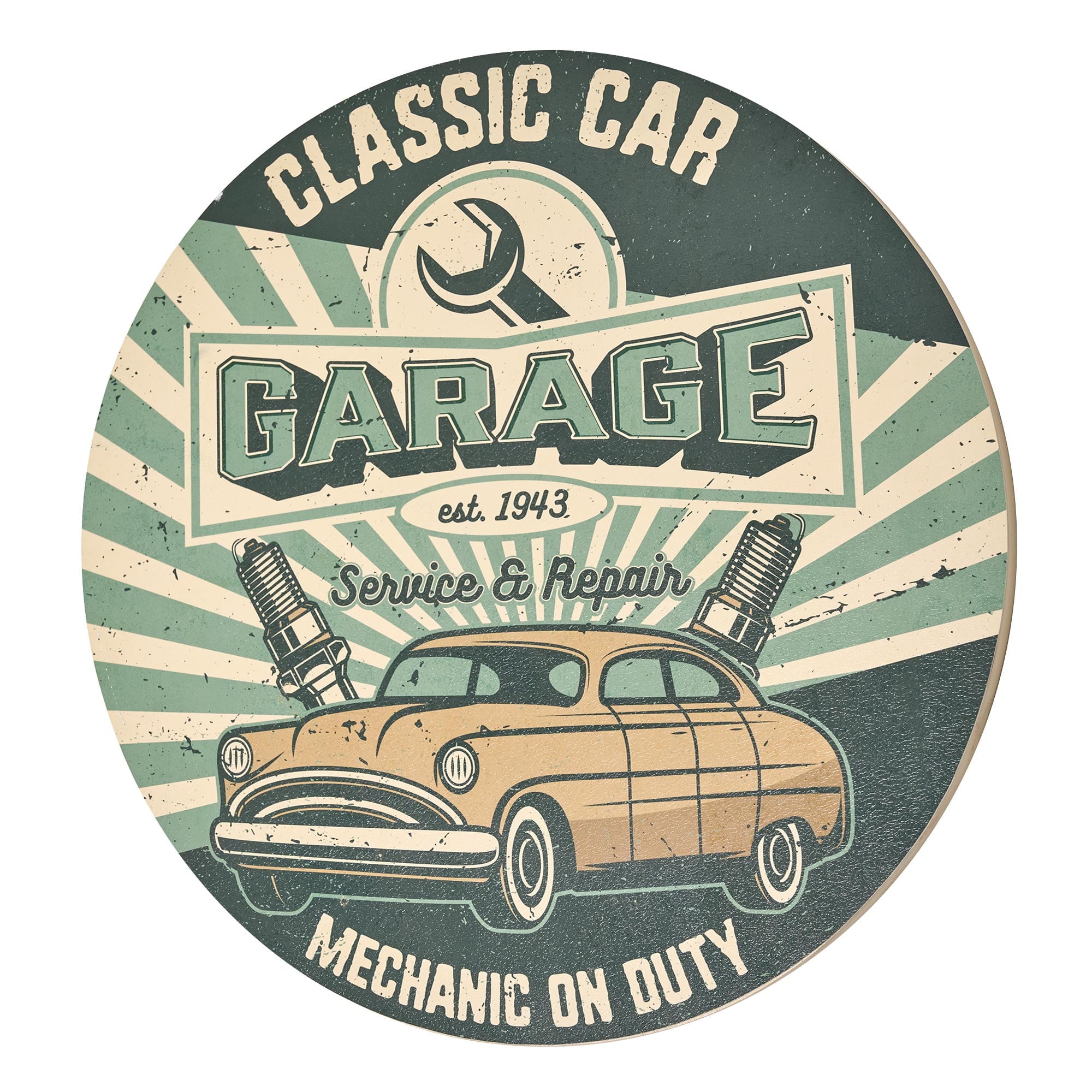 Vintage Classic Car Garage Round MDF Wall Plaque