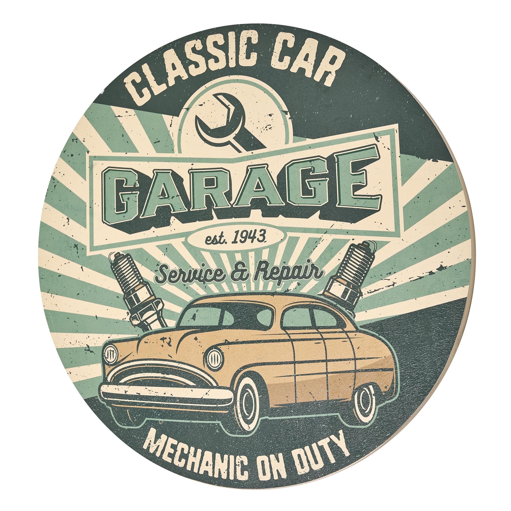 Vintage Classic Car Garage Round MDF Wall Plaque
