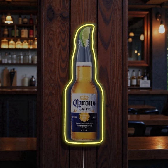 American Art Decor Classic Cerveza Corona Extra Bottle LED Plaque Sign - Retro Bottle Lighted Wall Decor for Man Cave, Garage, Bar & Game Room - Yellow Neon-Style Beer Sign