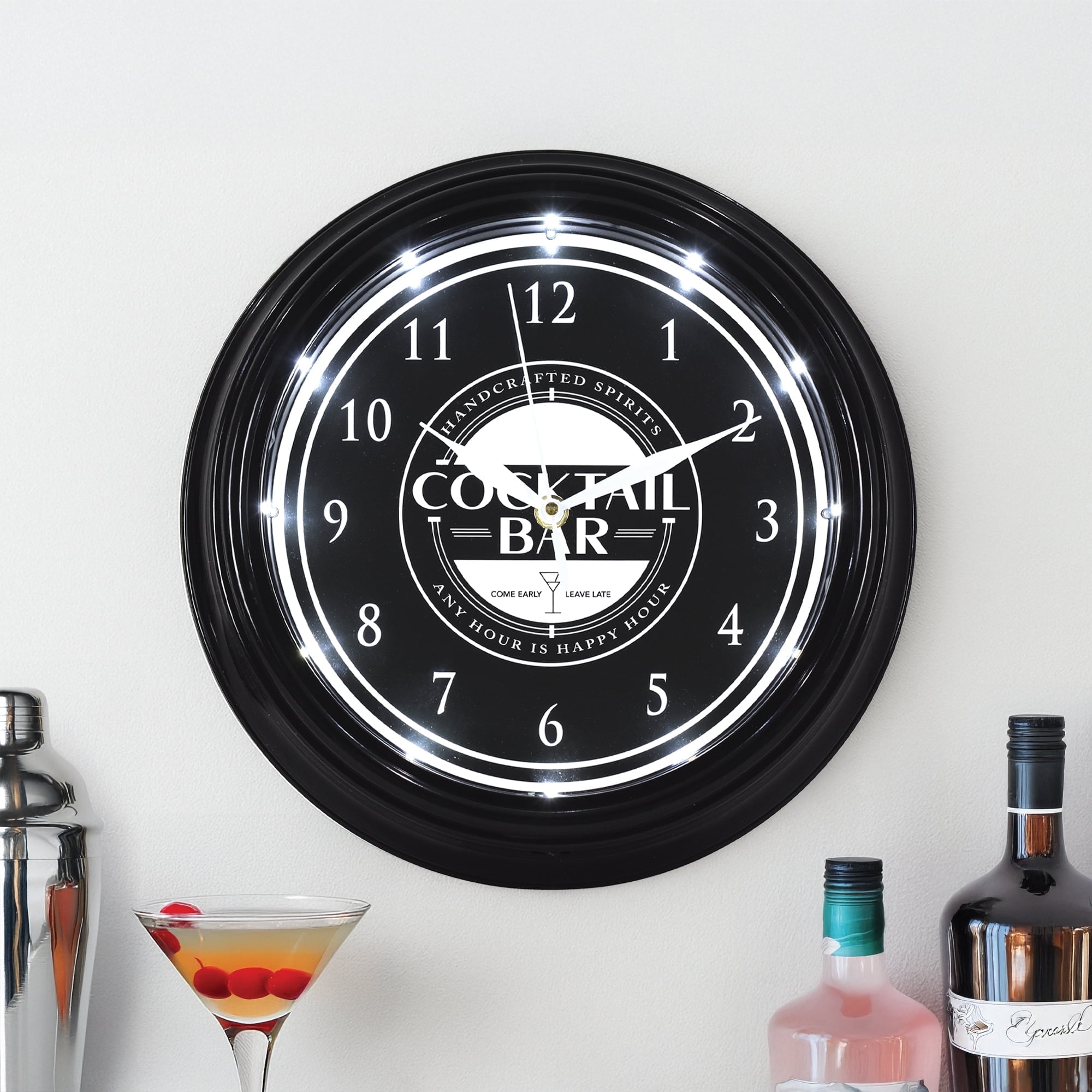 American Art Decor Cocktail Bar LED Wall Clock - 12" Modern Wall Clock for Home, Happy Hour Bar Decor, Wall Clock for Living Room, Office, Game Room, Mancave, Garage (Black/White)