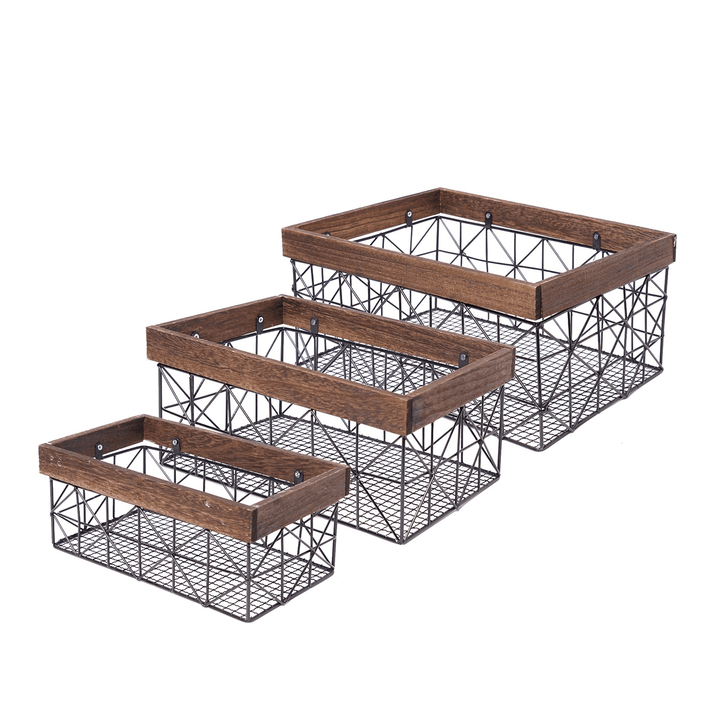 American Art Decor Contemporary Black and Walnut Metal and Wood Storage Basket Set of 3
