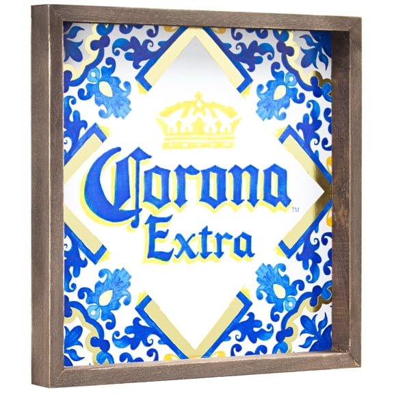 American Art Decor Corona Extra Beer Framed Art Print with Gold Foil, Blue - 14.25" H x 14.25" L x 1.75" D