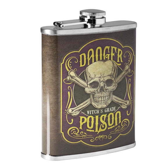 American Art Decor Danger Witch’s Grade Poison Stainless Steel 8 oz Liquor Flask - 5.5" x 4" x 1.25"