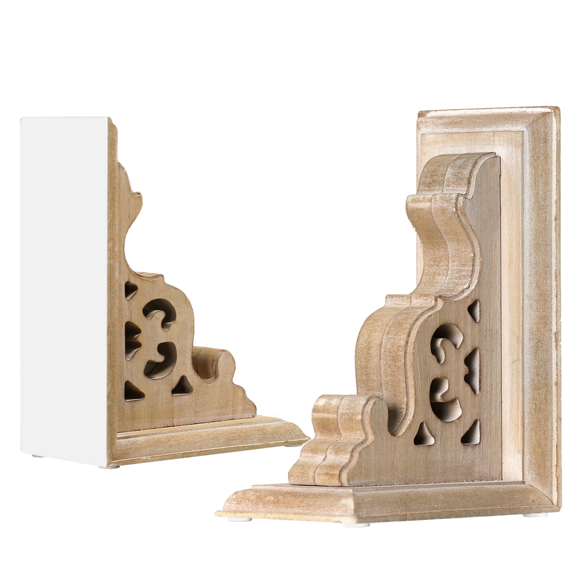 Distressed White Carved Wood Renaissance Bookends Set