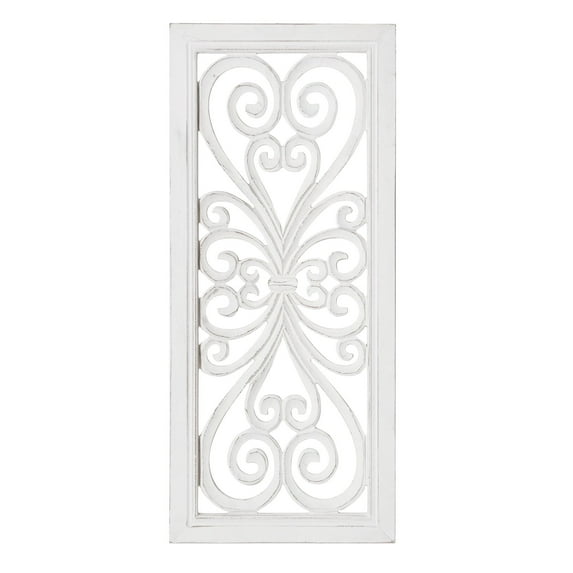 American Art Decor Distressed Hand-Carved White Wood Wall Accent Medallion Panel - 16" x 36"