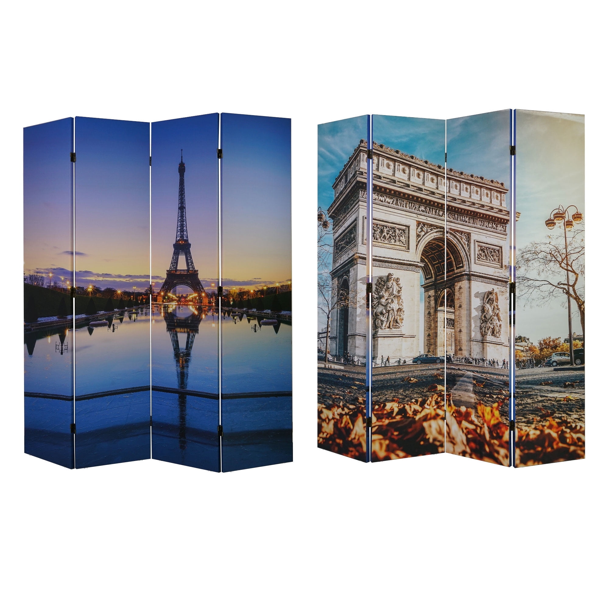 American Art Decor Double-Sided Paris Eiffel Tower, Arc de Triomphe Canvas Portable Dressing Room Divider Screen, 4 Panels, 70" H x 63" L x 1" D