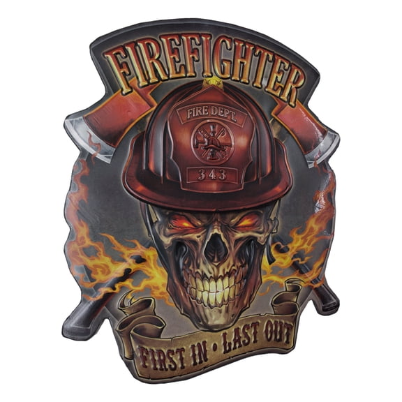American Art Decor Firefighter First in, Last Out Embossed Metal Sign - Room Decor for Bar, Man Cave, Garage, Game Room & More