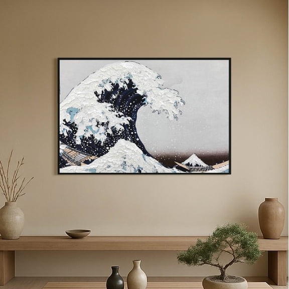 American Art Decor Framed Canvas Wall Art - The Great Wave Off Kanagawa by Hokusai, Textured Japanese Wall Art for Living Room, Bedroom, Office, Bathroom, Home Decor, Large Coastal Beach Print