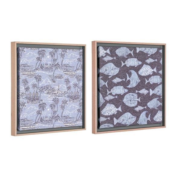 American Art Decor Kona Coast by Reyn Spooner Framed Floated Tropical Blue Fish Floated Printed Linen Wall Art Set of 2 - 11" x 11"