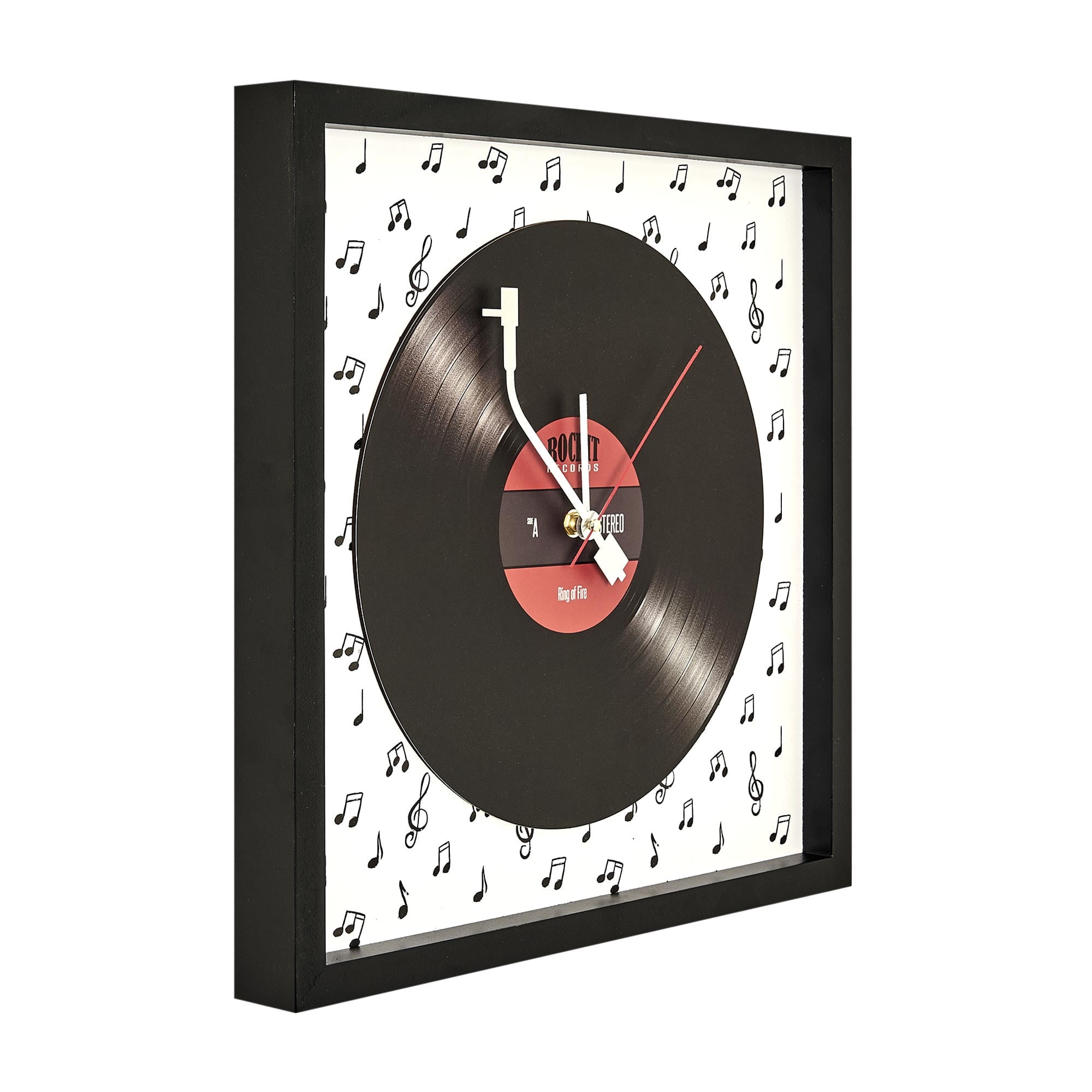 Vintage Black and White Vinyl Record Wall Clock with Hardwood Frame