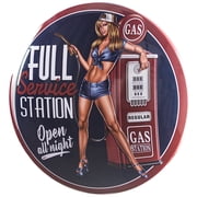 American Art Decor Gas Station Pinup Girl 15 Dome Metal Sign - Room Decor for Bar, Man Cave, Garage, Game Room & More