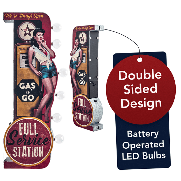 American Art Decor Gas n' Go Pinup Girl Vintage Metal LED Marquee Sign