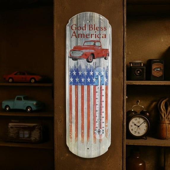 American Art Decor God Bless America Vintage Metal Thermometer Wall Sign with Embossed Edge, Rustic Red Truck and Weathered American Flag, Indoor/Outdoor Dual-Scale Fahrenheit & Celsius