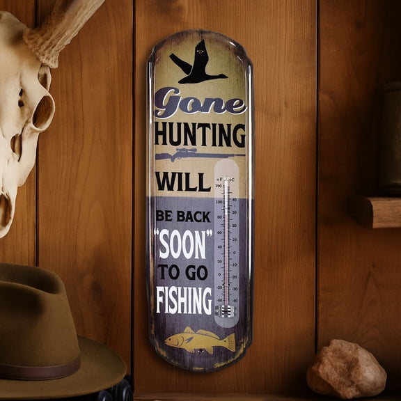 American Art Decor Gone Hunting Vintage Thermometer Wall Sign with Embossed Edge - Rustic Indoor/Outdoor Lodge, Cabin, Man Cave, or Garage Decor - Functional Fahrenheit & Celsius Temperature Gauge