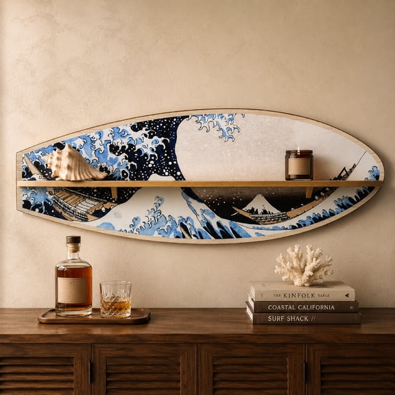 35" The Great Wave Surfboard Wall Shelf, Hokusai Great Wave Off Kanagawa Japanese Art Coastal Wooden Display Shelf for Living Room, Bedroom, Office, Tiki Bar & Beach House Decor