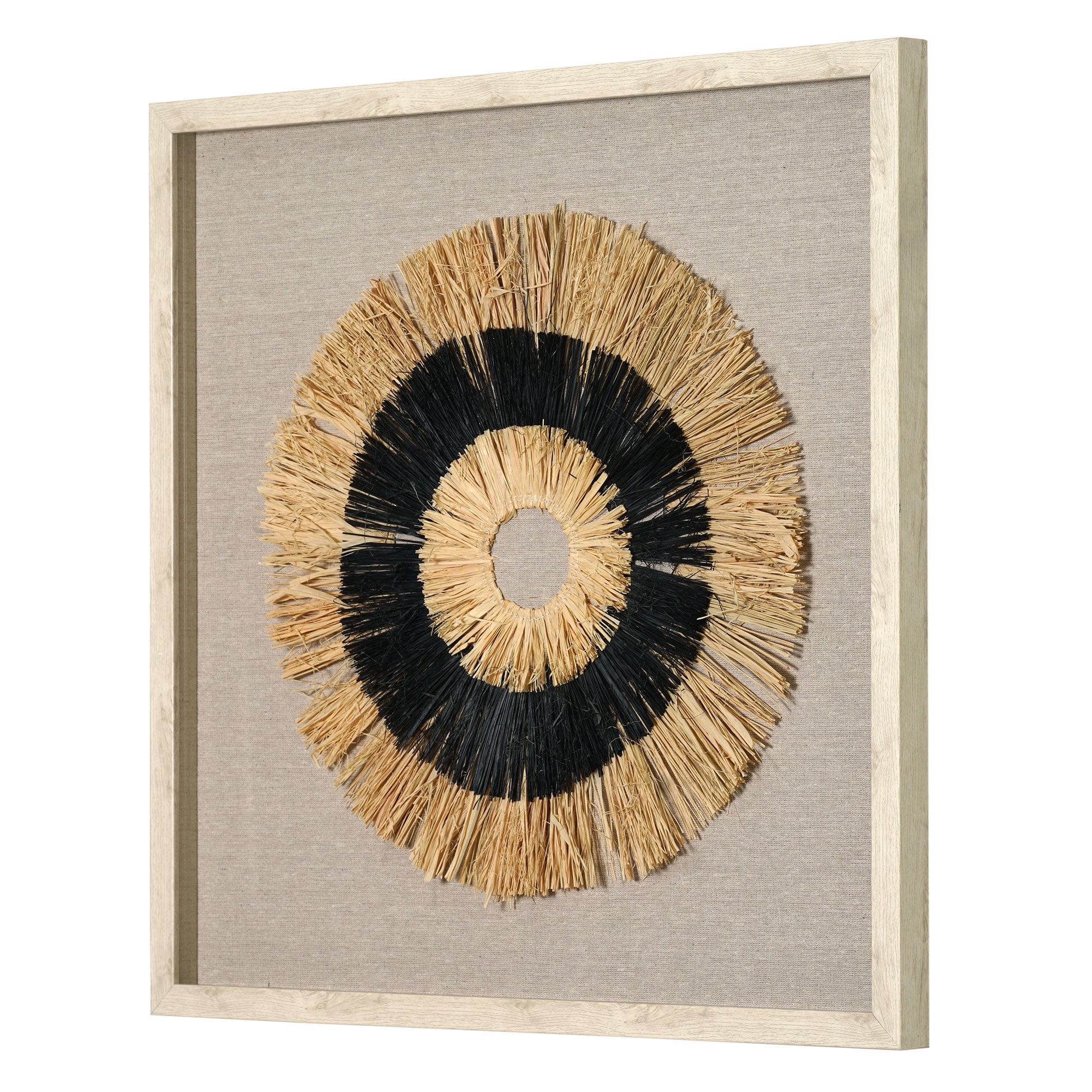 Handmade Beige and Black Straw and Linen Framed Wall Art, 23.5"