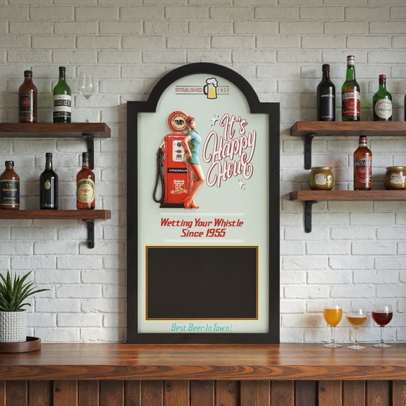 American Art Decor Happy Hour Chalkboard Wall Decor MDF Blackboard Bar Sign Vintage Wall Art for Man Cave, Home Bar, Kitchen, Garage, Game Room, Office, Car Garage Decor
